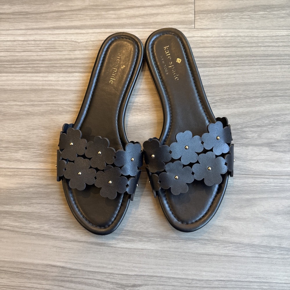 Kate Spade Outlet Daisey Field Sandals Black Floral Flats Casual Bohemian Size 8